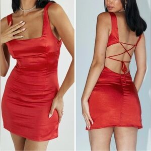 PRINCESS POLLY Cobie Mini Dress, Adjustable Tie-Up, Color Red, Size 10